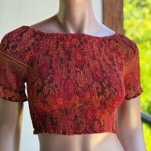 Angie Red Orange Smocked Top crop rust yellow border Tag:‎ L Fit:M (Fits small)